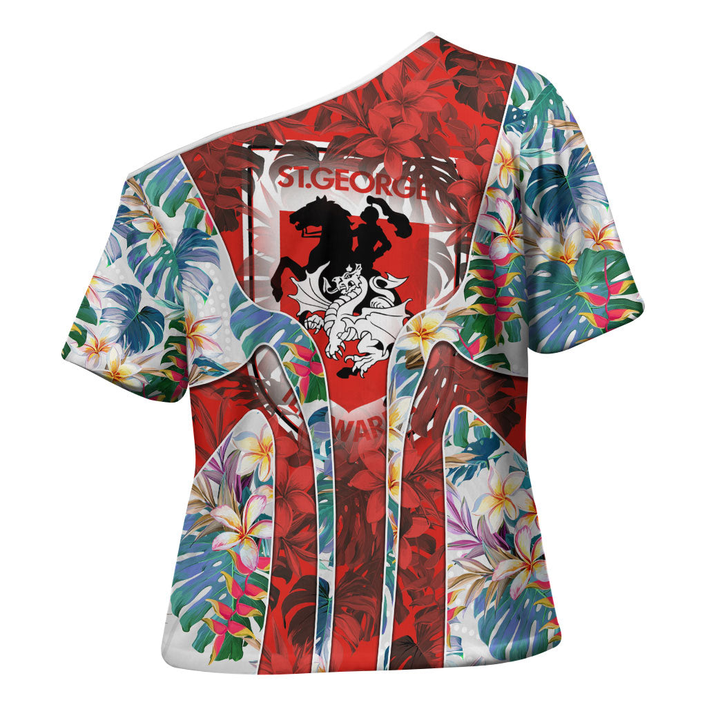 St George Illawarra Dragons Cross Shoulder Shirt Tropical Hibiscus Floral Pattern With Red And White Accents