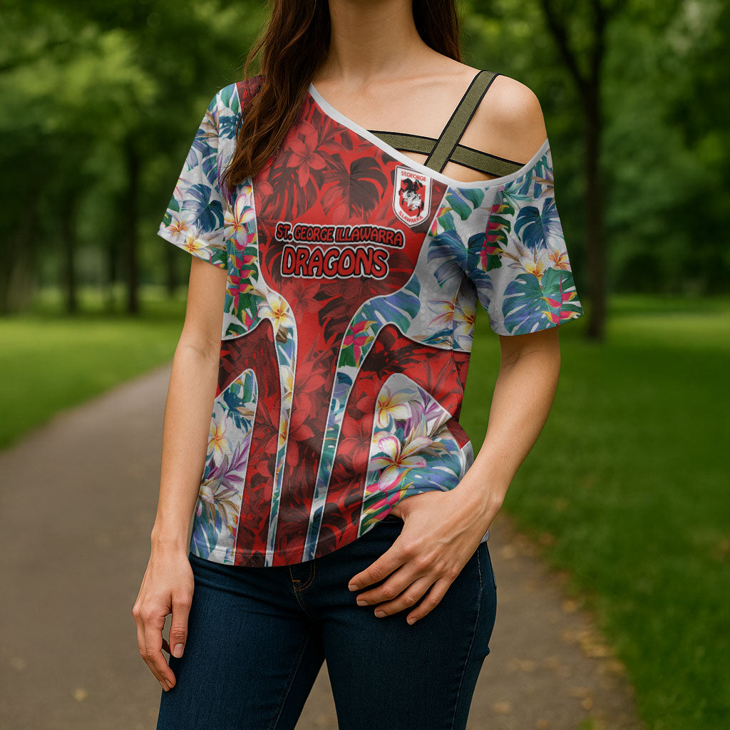 St George Illawarra Dragons Cross Shoulder Shirt Tropical Hibiscus Floral Pattern With Red And White Accents