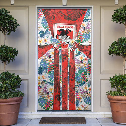 St George Illawarra Dragons Door Cover Tropical Hibiscus Floral Pattern With Red And White Accents