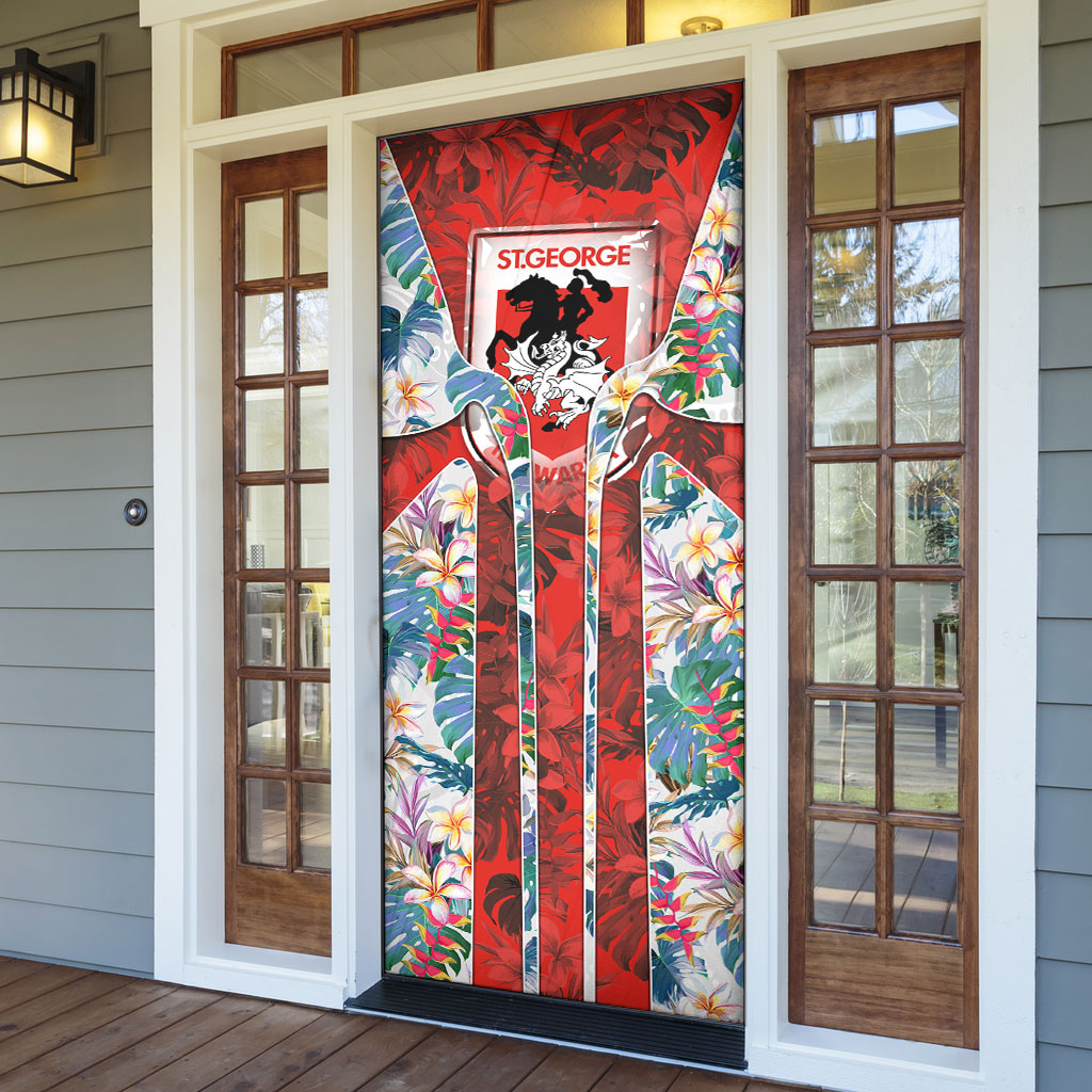 St George Illawarra Dragons Door Cover Tropical Hibiscus Floral Pattern With Red And White Accents