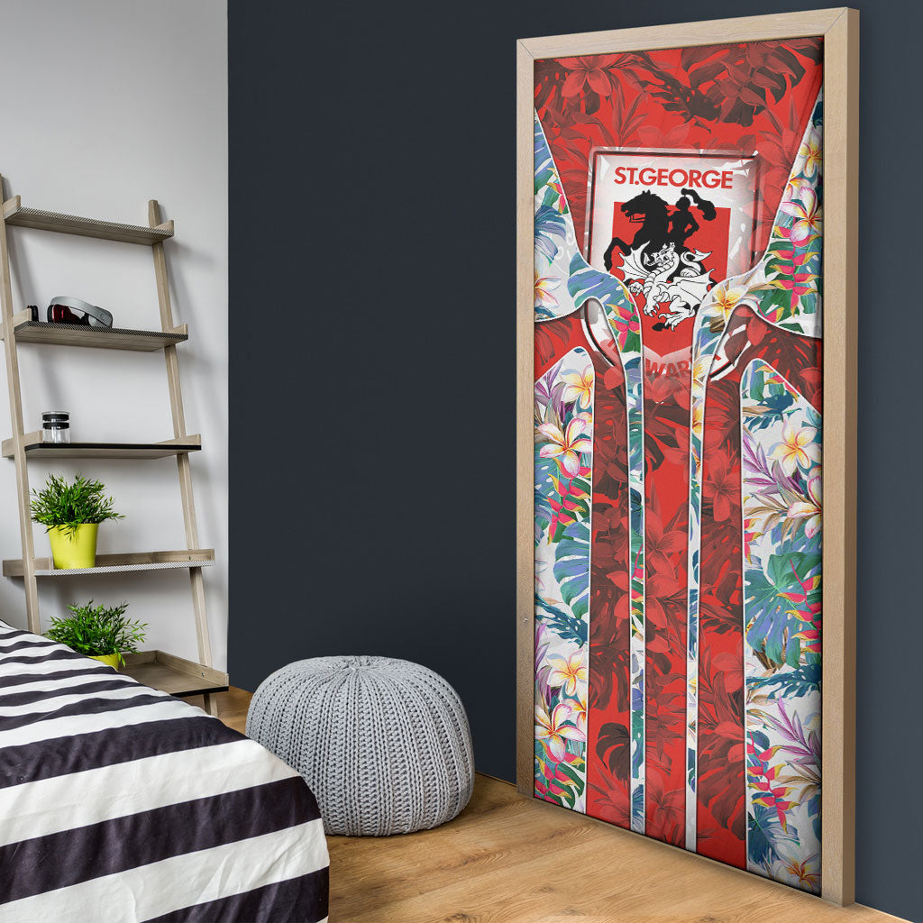 St George Illawarra Dragons Door Cover Tropical Hibiscus Floral Pattern With Red And White Accents