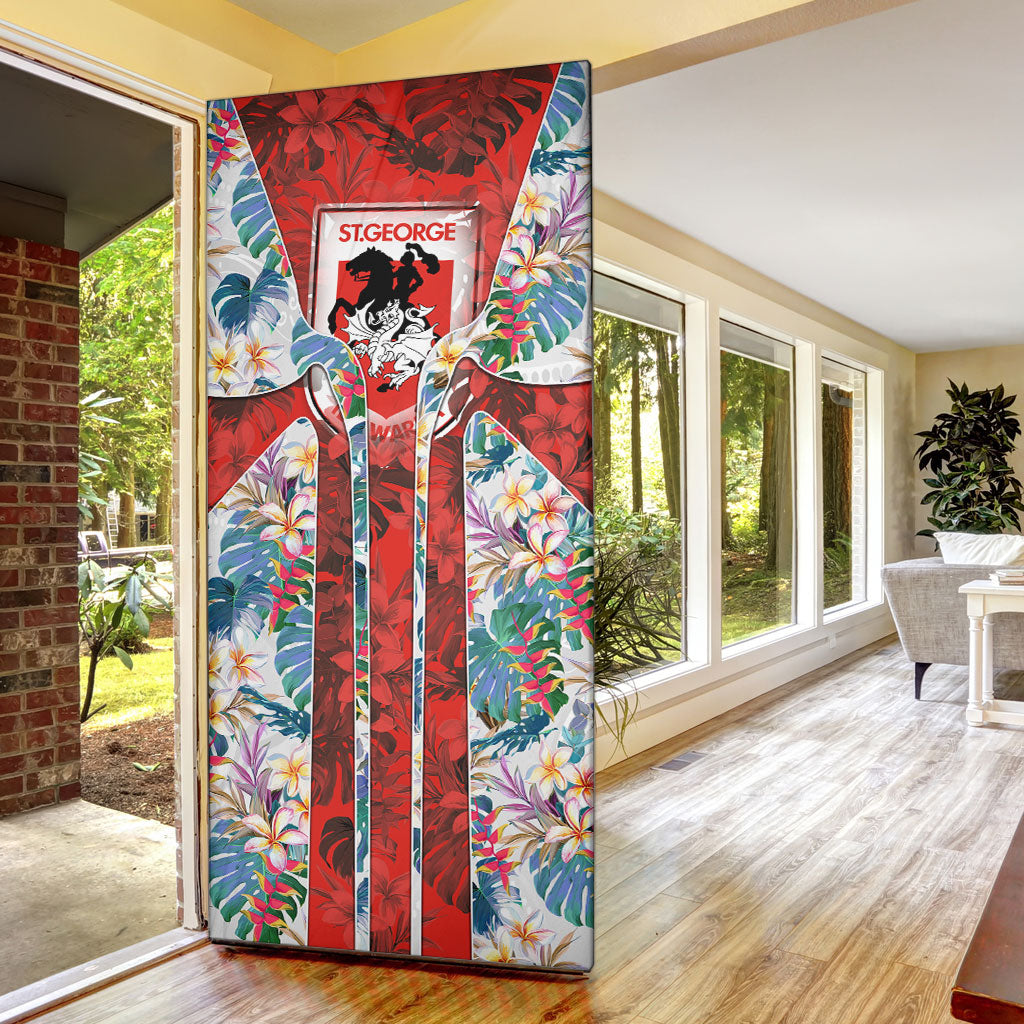 St George Illawarra Dragons Door Cover Tropical Hibiscus Floral Pattern With Red And White Accents