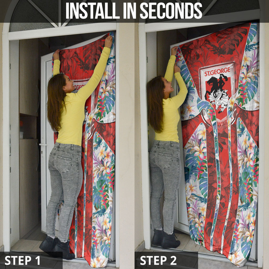 St George Illawarra Dragons Door Cover Tropical Hibiscus Floral Pattern With Red And White Accents