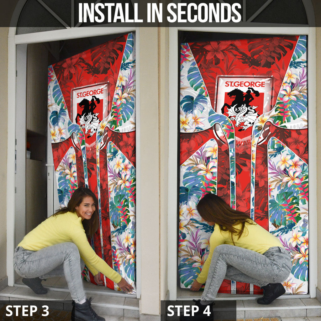 St George Illawarra Dragons Door Cover Tropical Hibiscus Floral Pattern With Red And White Accents