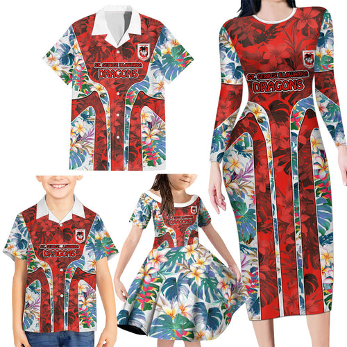 St George Illawarra Dragons Family Matching Long Sleeve Bodycon Dress and Hawaiian Shirt Tropical Hibiscus Floral Pattern With Red And White Accents