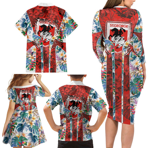 St George Illawarra Dragons Family Matching Long Sleeve Bodycon Dress and Hawaiian Shirt Tropical Hibiscus Floral Pattern With Red And White Accents