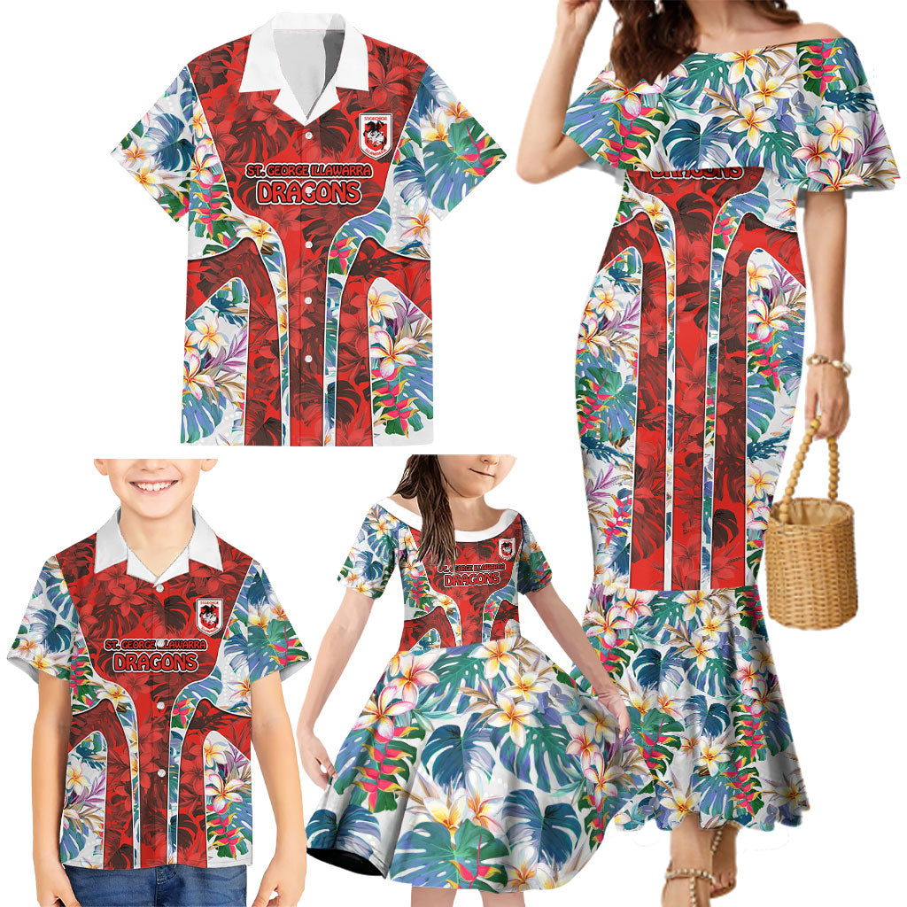 St George Illawarra Dragons Family Matching Mermaid Dress and Hawaiian Shirt Tropical Hibiscus Floral Pattern With Red And White Accents