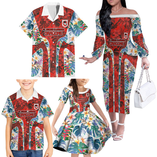 St George Illawarra Dragons Family Matching Off The Shoulder Long Sleeve Dress and Hawaiian Shirt Tropical Hibiscus Floral Pattern With Red And White Accents