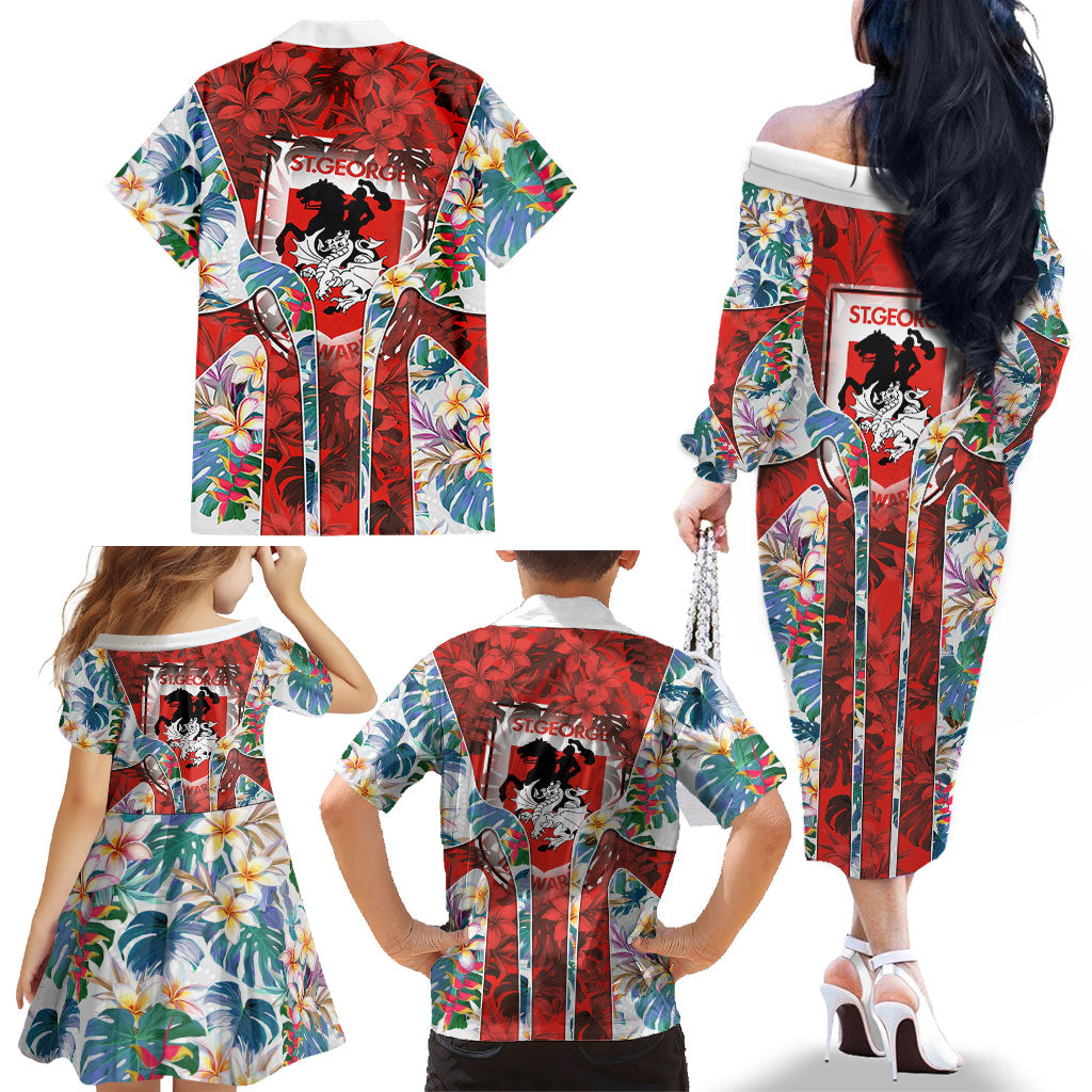 St George Illawarra Dragons Family Matching Off The Shoulder Long Sleeve Dress and Hawaiian Shirt Tropical Hibiscus Floral Pattern With Red And White Accents