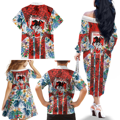 St George Illawarra Dragons Family Matching Off The Shoulder Long Sleeve Dress and Hawaiian Shirt Tropical Hibiscus Floral Pattern With Red And White Accents