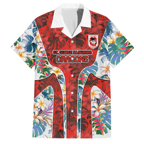 St George Illawarra Dragons Family Matching Off The Shoulder Long Sleeve Dress and Hawaiian Shirt Tropical Hibiscus Floral Pattern With Red And White Accents
