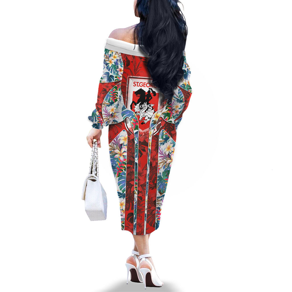 St George Illawarra Dragons Family Matching Off The Shoulder Long Sleeve Dress and Hawaiian Shirt Tropical Hibiscus Floral Pattern With Red And White Accents