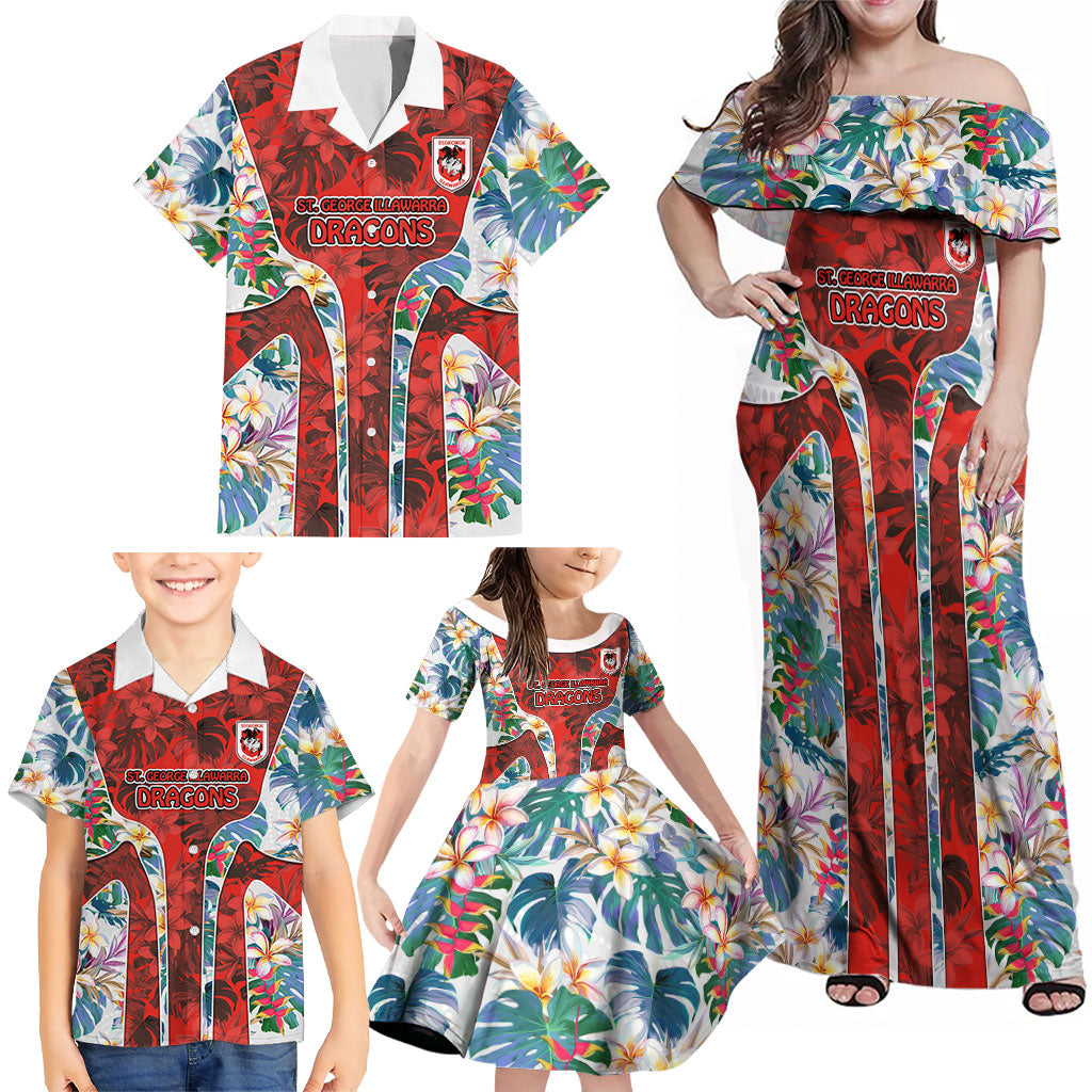 St George Illawarra Dragons Family Matching Off Shoulder Maxi Dress and Hawaiian Shirt Tropical Hibiscus Floral Pattern With Red And White Accents