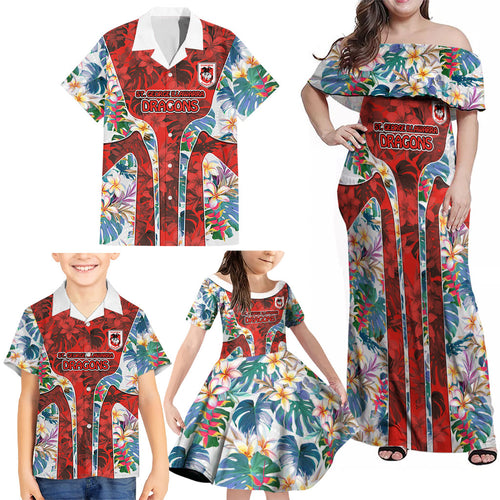 St George Illawarra Dragons Family Matching Off Shoulder Maxi Dress and Hawaiian Shirt Tropical Hibiscus Floral Pattern With Red And White Accents