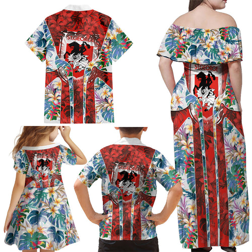 St George Illawarra Dragons Family Matching Off Shoulder Maxi Dress and Hawaiian Shirt Tropical Hibiscus Floral Pattern With Red And White Accents
