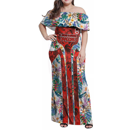 St George Illawarra Dragons Family Matching Off Shoulder Maxi Dress and Hawaiian Shirt Tropical Hibiscus Floral Pattern With Red And White Accents