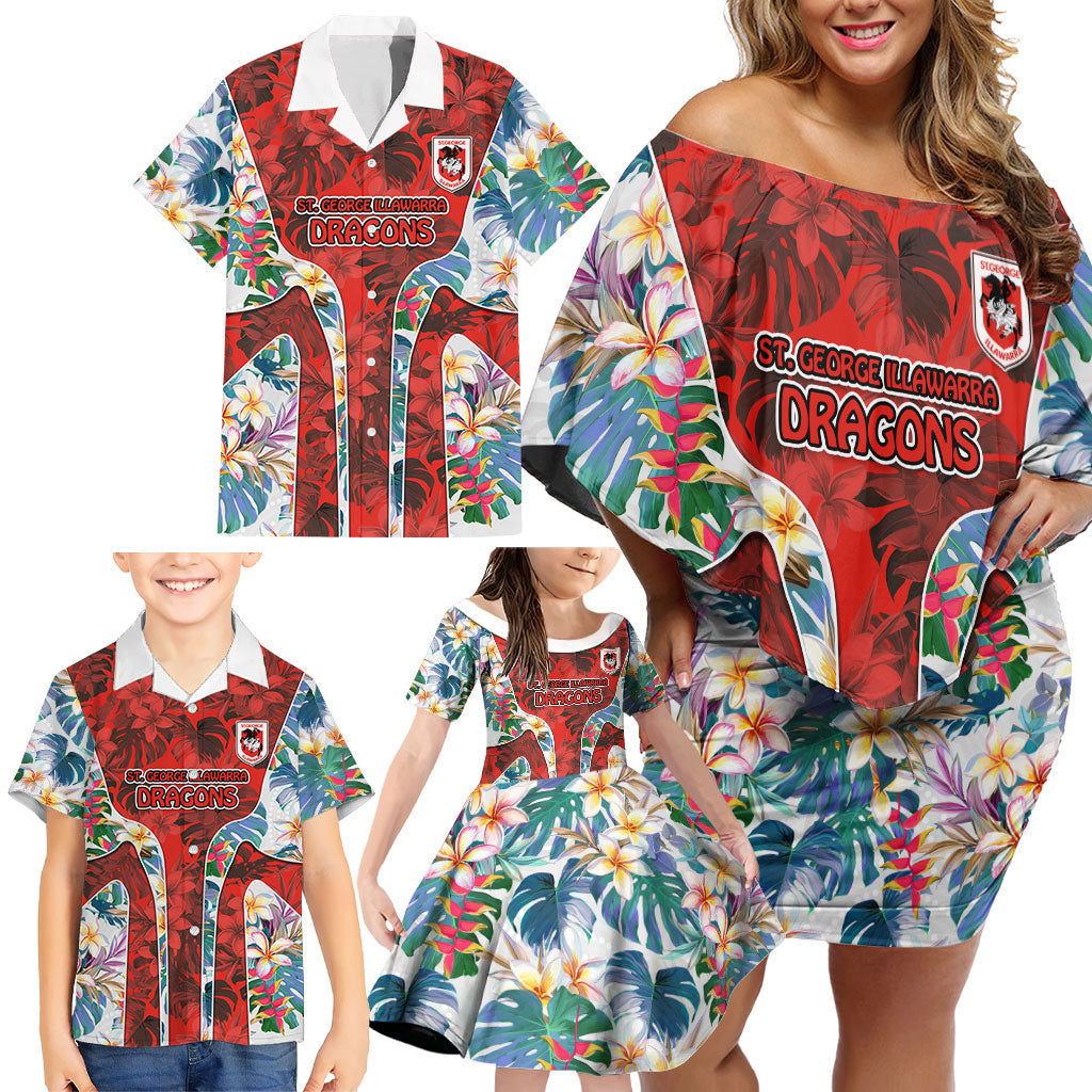 St George Illawarra Dragons Family Matching Off Shoulder Short Dress and Hawaiian Shirt Tropical Hibiscus Floral Pattern With Red And White Accents
