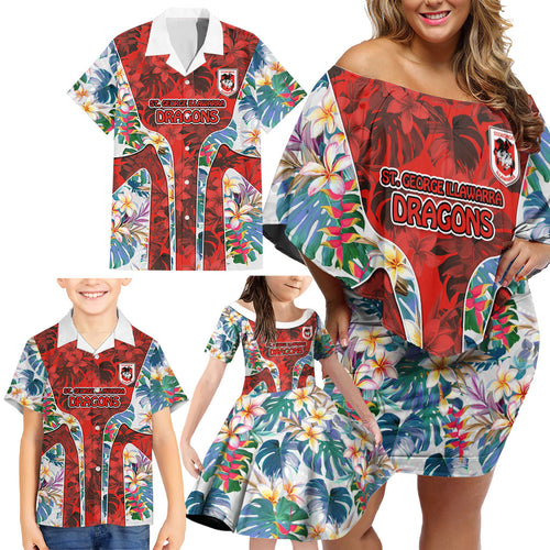 St George Illawarra Dragons Family Matching Off Shoulder Short Dress and Hawaiian Shirt Tropical Hibiscus Floral Pattern With Red And White Accents