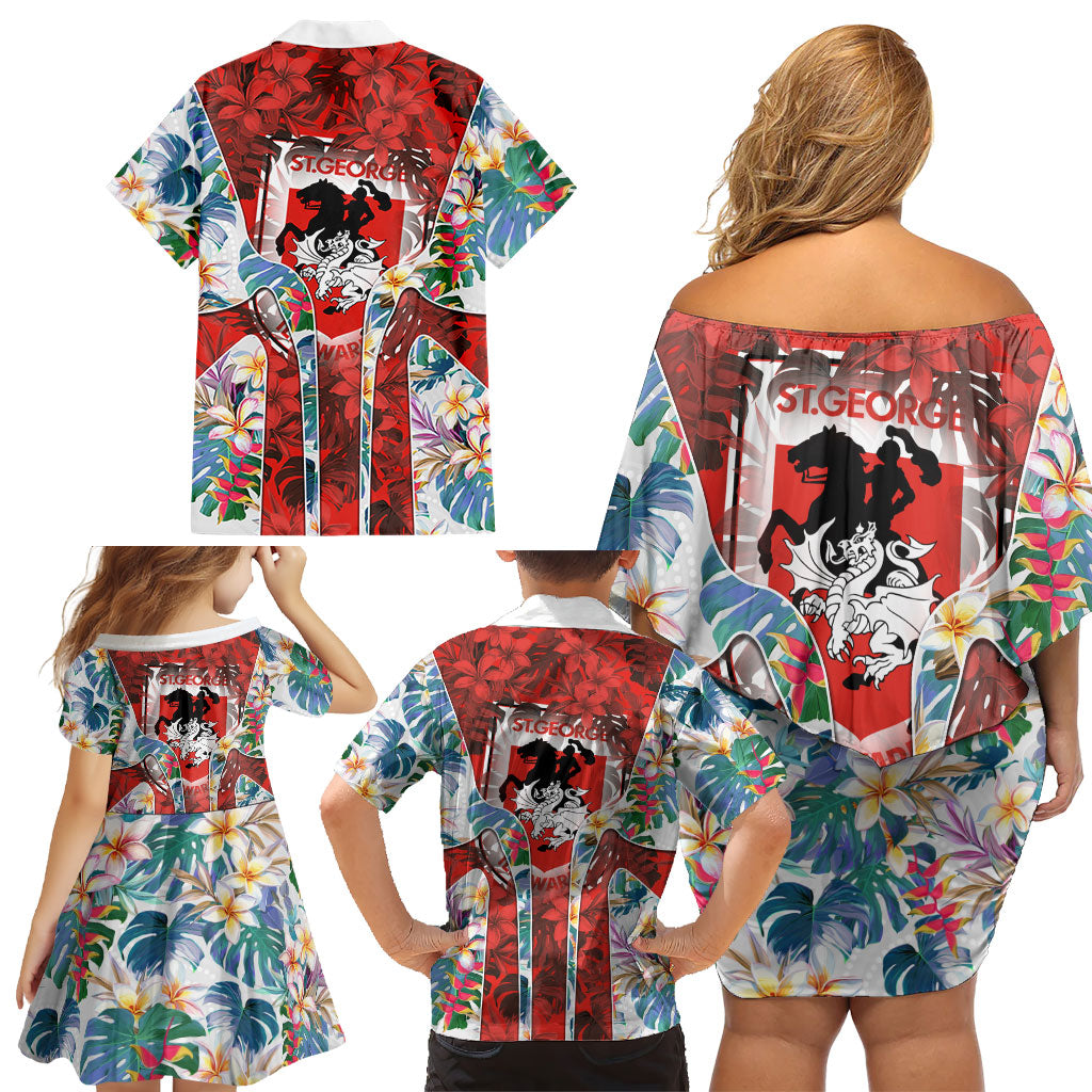 St George Illawarra Dragons Family Matching Off Shoulder Short Dress and Hawaiian Shirt Tropical Hibiscus Floral Pattern With Red And White Accents