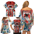 St George Illawarra Dragons Family Matching Off Shoulder Short Dress and Hawaiian Shirt Tropical Hibiscus Floral Pattern With Red And White Accents