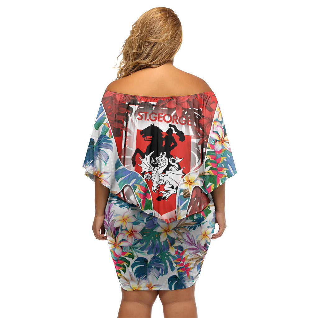 St George Illawarra Dragons Family Matching Off Shoulder Short Dress and Hawaiian Shirt Tropical Hibiscus Floral Pattern With Red And White Accents
