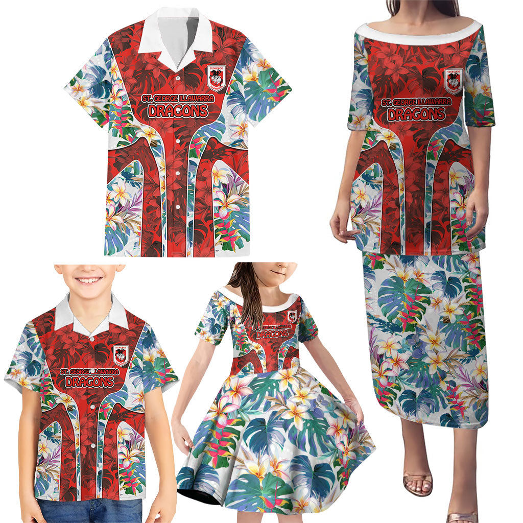 St George Illawarra Dragons Family Matching Puletasi and Hawaiian Shirt Tropical Hibiscus Floral Pattern With Red And White Accents