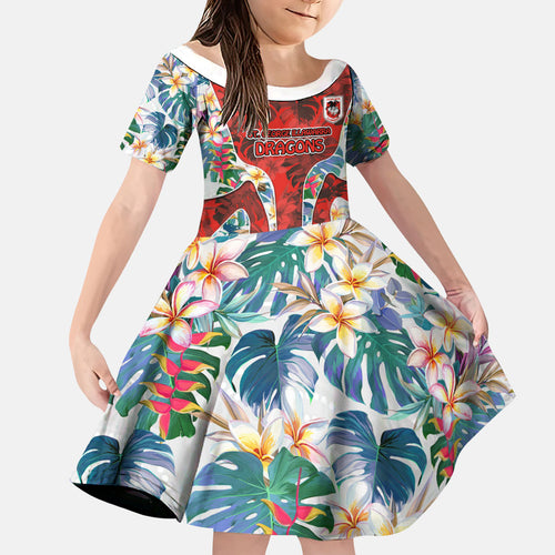 St George Illawarra Dragons Family Matching Puletasi and Hawaiian Shirt Tropical Hibiscus Floral Pattern With Red And White Accents