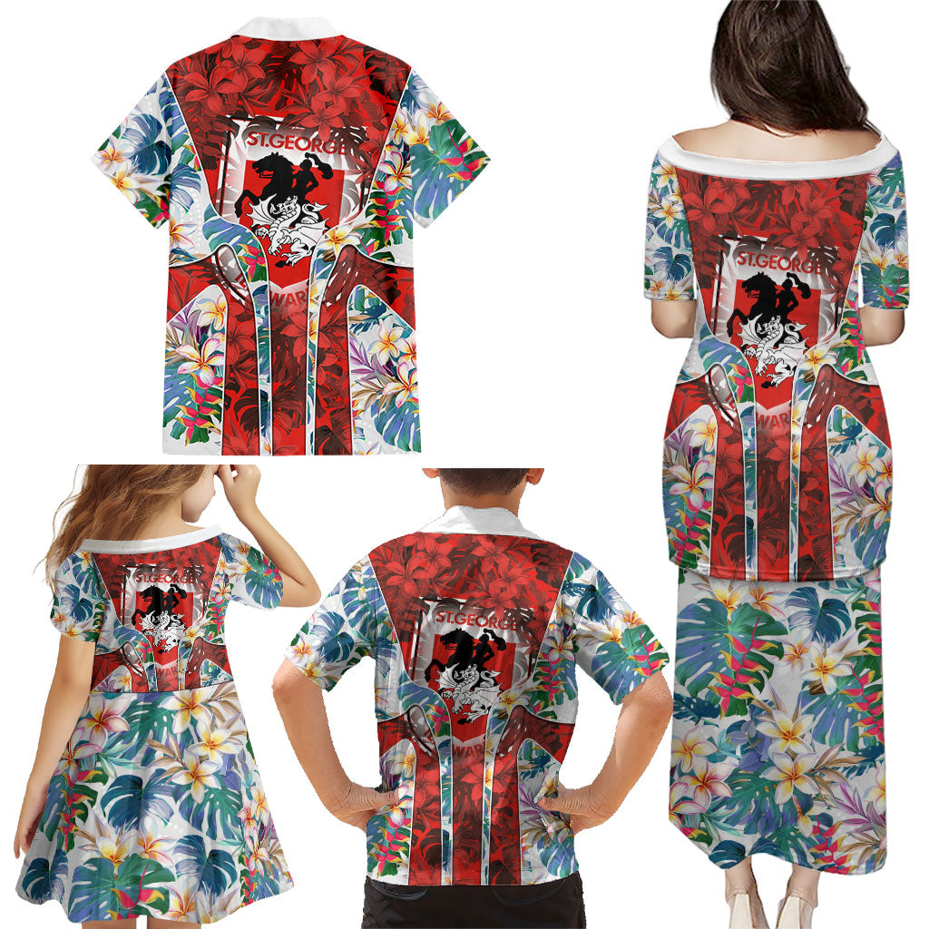St George Illawarra Dragons Family Matching Puletasi and Hawaiian Shirt Tropical Hibiscus Floral Pattern With Red And White Accents