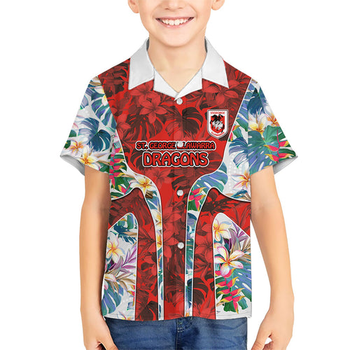 St George Illawarra Dragons Family Matching Puletasi and Hawaiian Shirt Tropical Hibiscus Floral Pattern With Red And White Accents