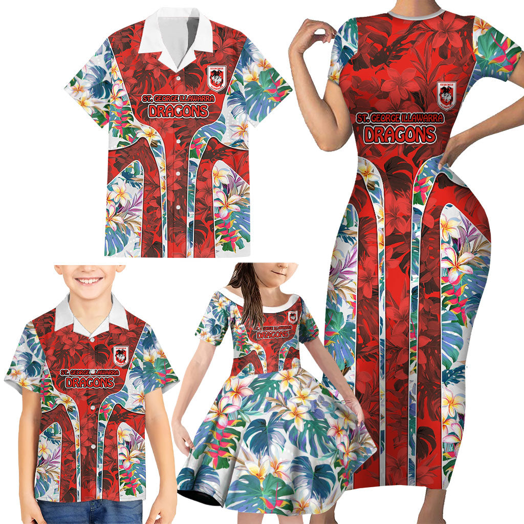 St George Illawarra Dragons Family Matching Short Sleeve Bodycon Dress and Hawaiian Shirt Tropical Hibiscus Floral Pattern With Red And White Accents