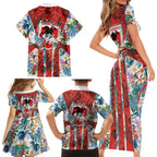St George Illawarra Dragons Family Matching Short Sleeve Bodycon Dress and Hawaiian Shirt Tropical Hibiscus Floral Pattern With Red And White Accents