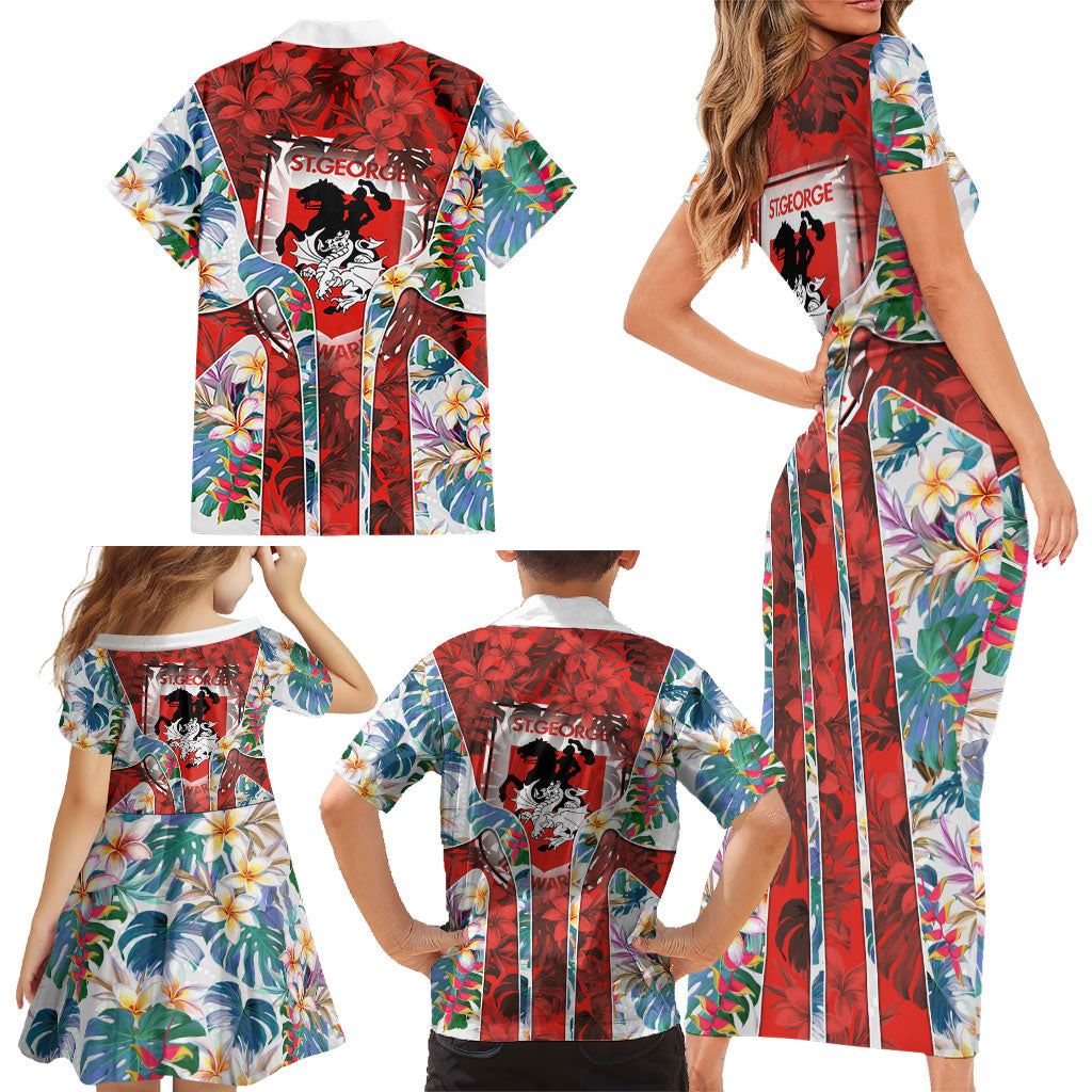 St George Illawarra Dragons Family Matching Short Sleeve Bodycon Dress and Hawaiian Shirt Tropical Hibiscus Floral Pattern With Red And White Accents