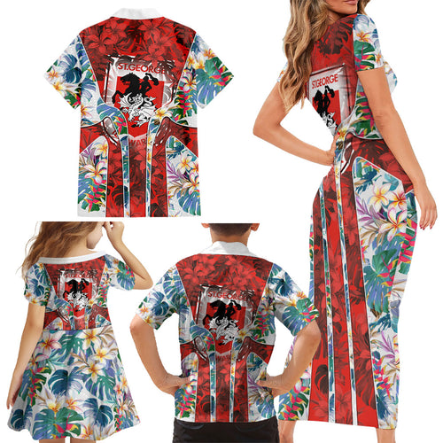 St George Illawarra Dragons Family Matching Short Sleeve Bodycon Dress and Hawaiian Shirt Tropical Hibiscus Floral Pattern With Red And White Accents
