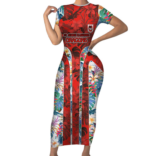 St George Illawarra Dragons Family Matching Short Sleeve Bodycon Dress and Hawaiian Shirt Tropical Hibiscus Floral Pattern With Red And White Accents
