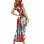 St George Illawarra Dragons Family Matching Short Sleeve Bodycon Dress and Hawaiian Shirt Tropical Hibiscus Floral Pattern With Red And White Accents