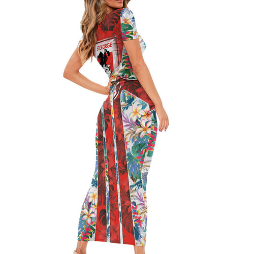 St George Illawarra Dragons Family Matching Short Sleeve Bodycon Dress and Hawaiian Shirt Tropical Hibiscus Floral Pattern With Red And White Accents