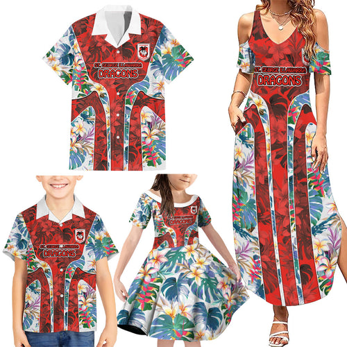 St George Illawarra Dragons Family Matching Summer Maxi Dress and Hawaiian Shirt Tropical Hibiscus Floral Pattern With Red And White Accents