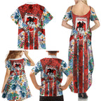 St George Illawarra Dragons Family Matching Summer Maxi Dress and Hawaiian Shirt Tropical Hibiscus Floral Pattern With Red And White Accents