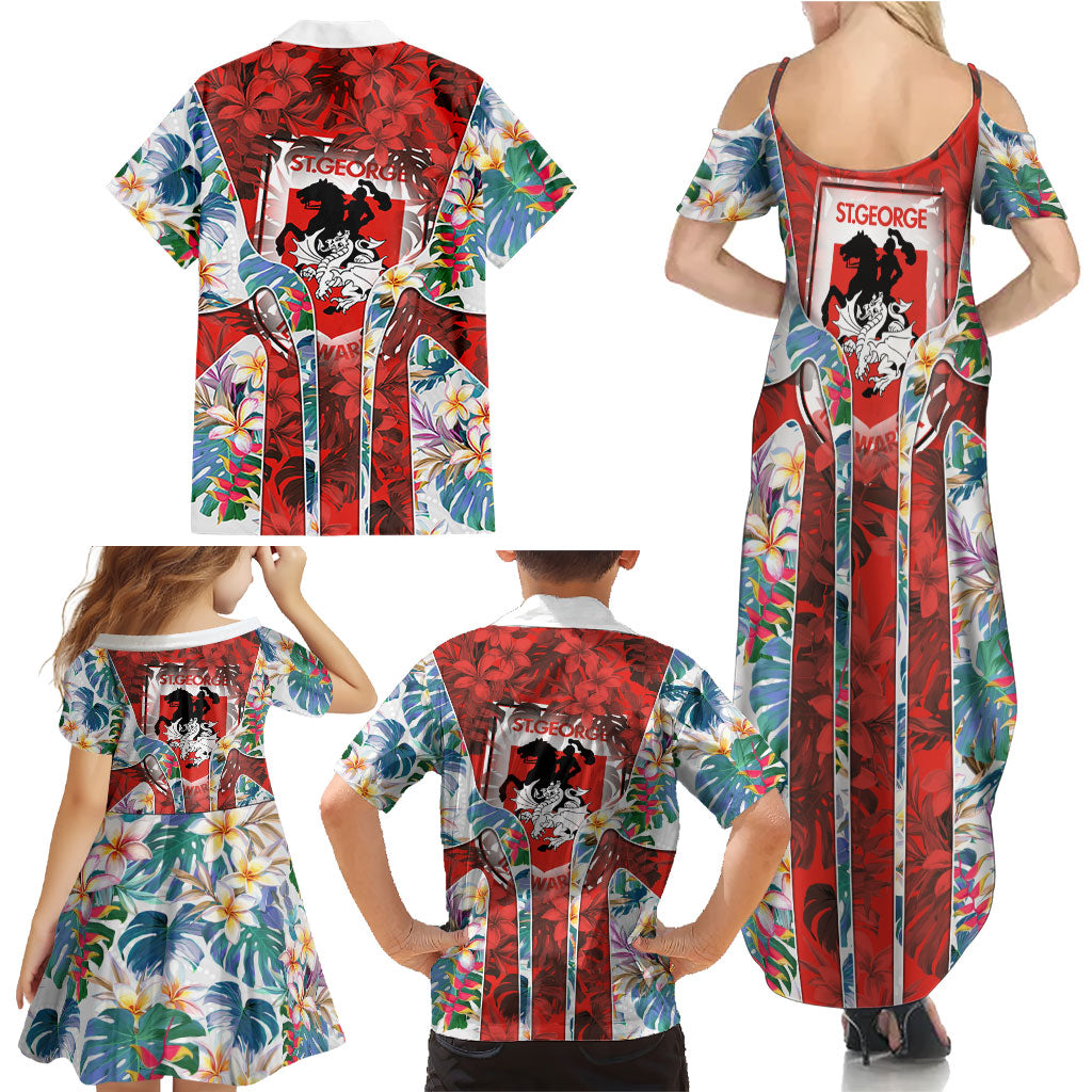 St George Illawarra Dragons Family Matching Summer Maxi Dress and Hawaiian Shirt Tropical Hibiscus Floral Pattern With Red And White Accents