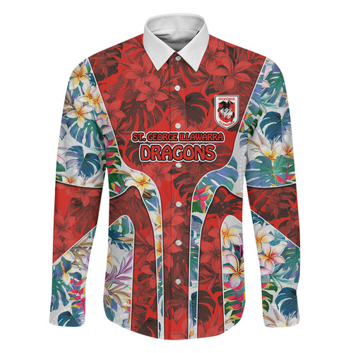 St George Illawarra Dragons Family Matching Summer Maxi Dress and Hawaiian Shirt Tropical Hibiscus Floral Pattern With Red And White Accents