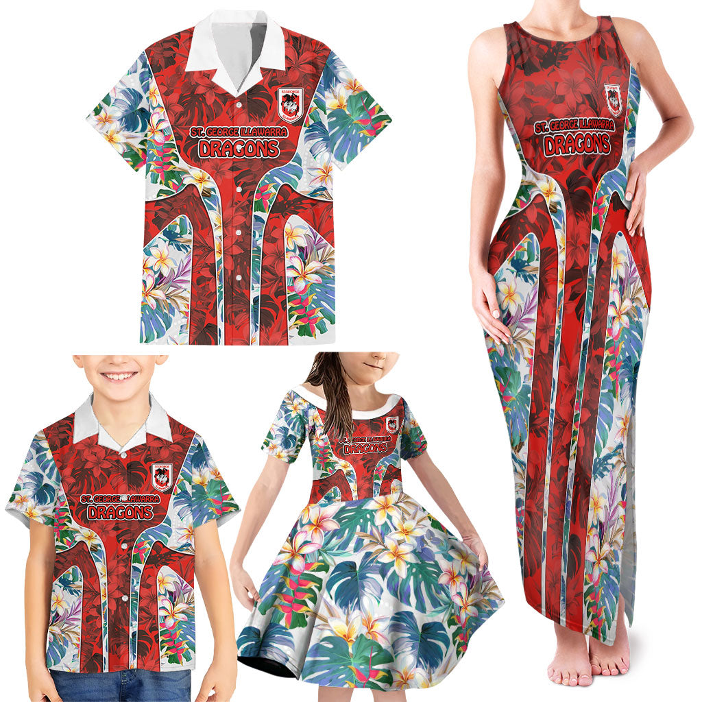 St George Illawarra Dragons Family Matching Tank Maxi Dress and Hawaiian Shirt Tropical Hibiscus Floral Pattern With Red And White Accents