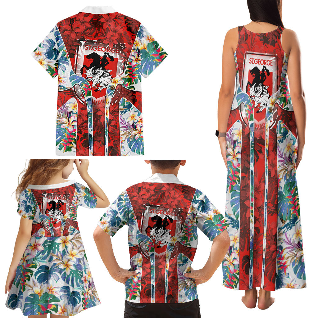 St George Illawarra Dragons Family Matching Tank Maxi Dress and Hawaiian Shirt Tropical Hibiscus Floral Pattern With Red And White Accents