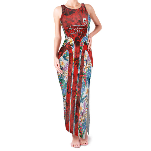 St George Illawarra Dragons Family Matching Tank Maxi Dress and Hawaiian Shirt Tropical Hibiscus Floral Pattern With Red And White Accents