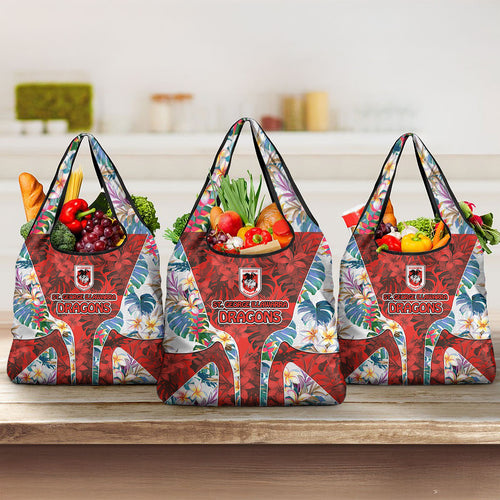 St George Illawarra Dragons Grocery Bag Tropical Hibiscus Floral Pattern With Red And White Accents