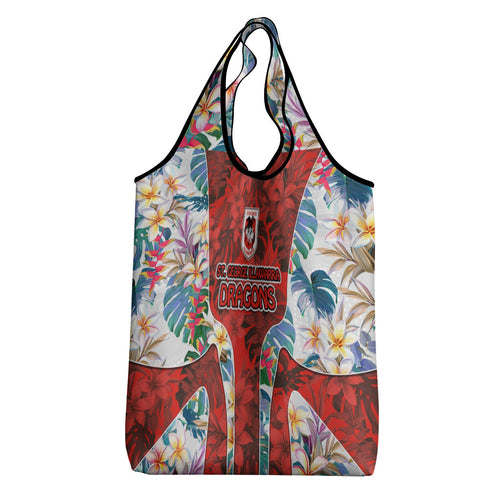 St George Illawarra Dragons Grocery Bag Tropical Hibiscus Floral Pattern With Red And White Accents