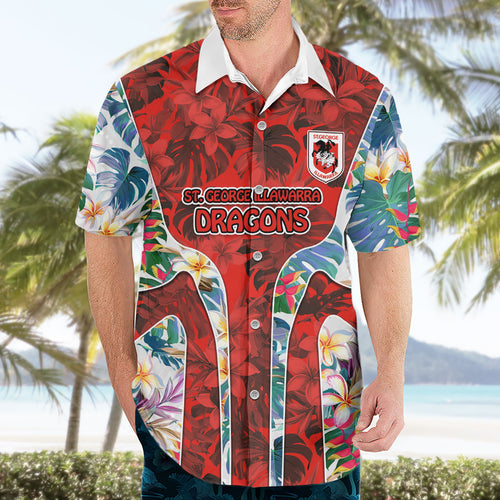 St George Illawarra Dragons Hawaiian Shirt Tropical Hibiscus Floral Pattern With Red And White Accents