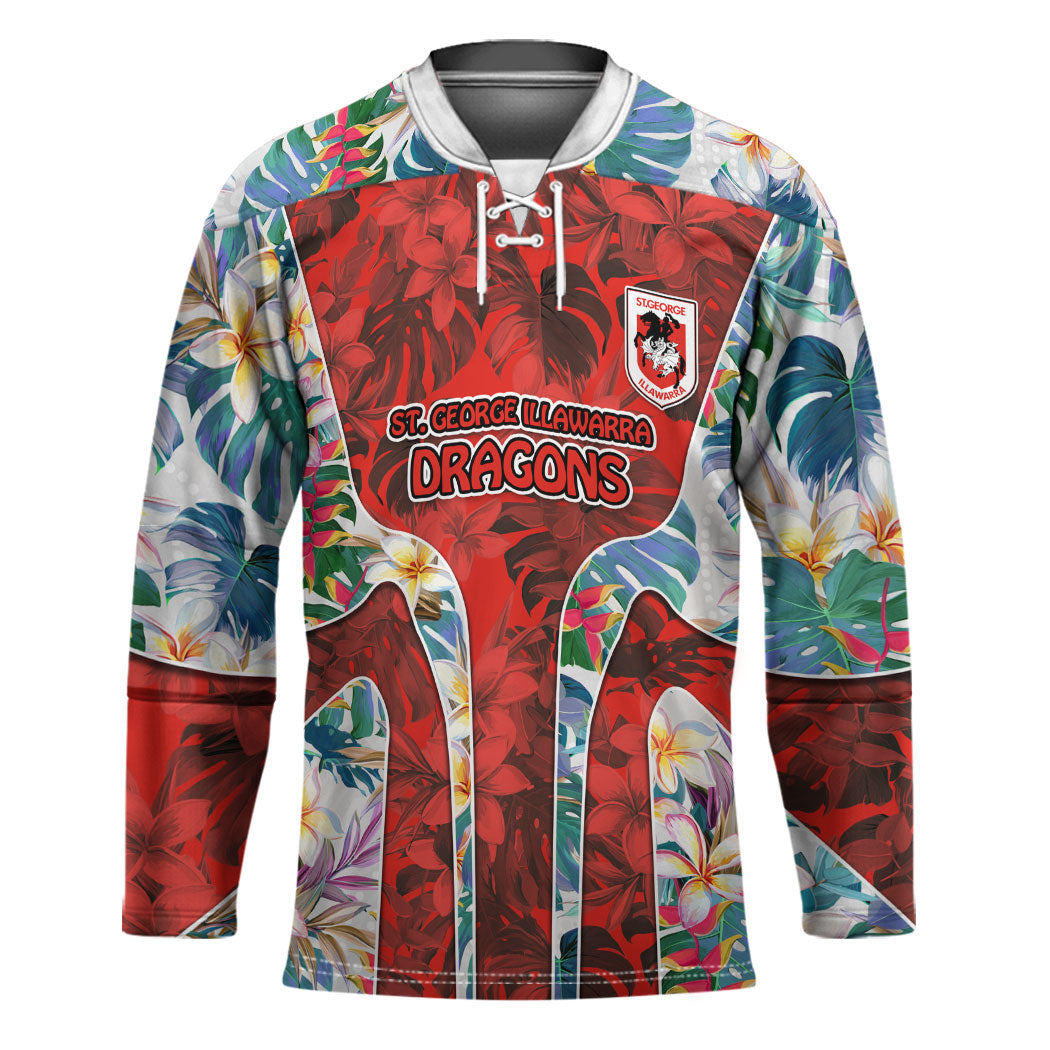 St George Illawarra Dragons Hockey Jersey Tropical Hibiscus Floral Pattern With Red And White Accents