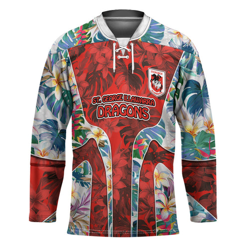 St George Illawarra Dragons Hockey Jersey Tropical Hibiscus Floral Pattern With Red And White Accents