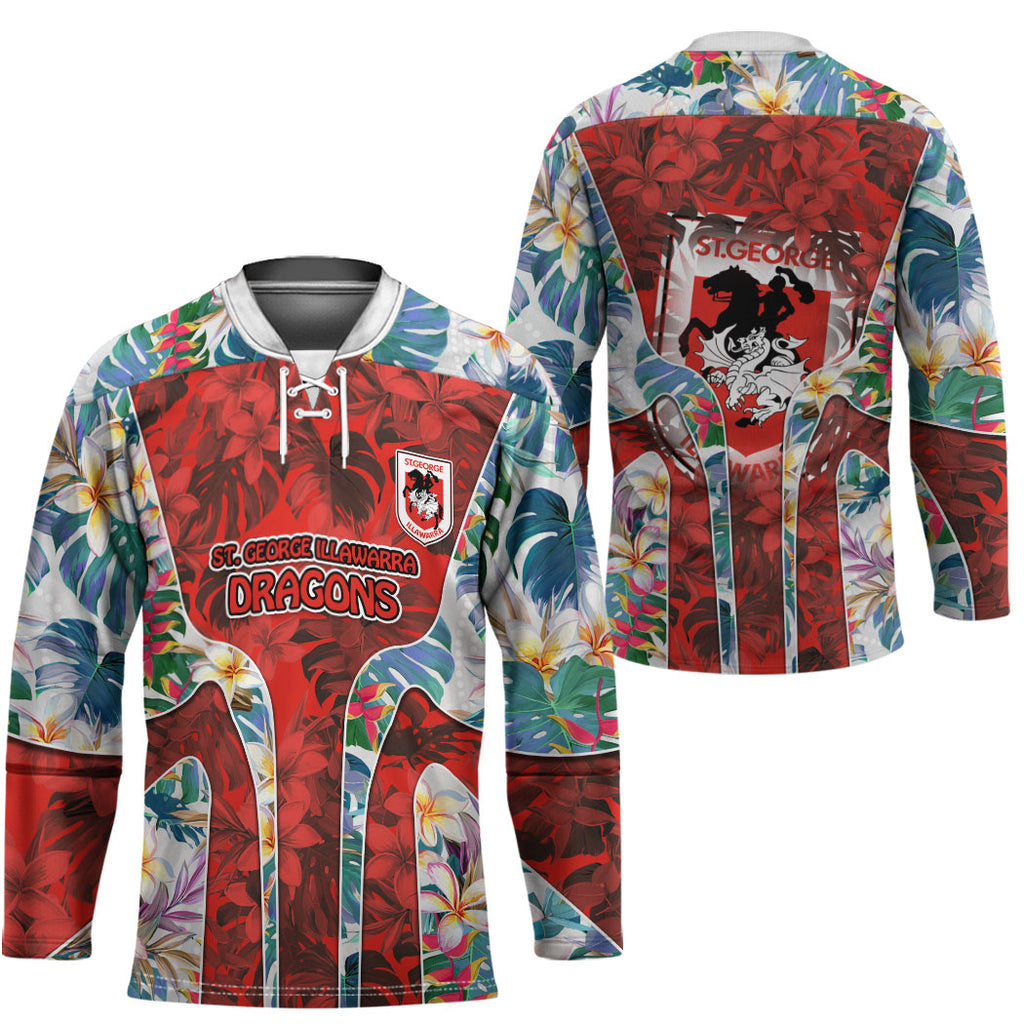 St George Illawarra Dragons Hockey Jersey Tropical Hibiscus Floral Pattern With Red And White Accents