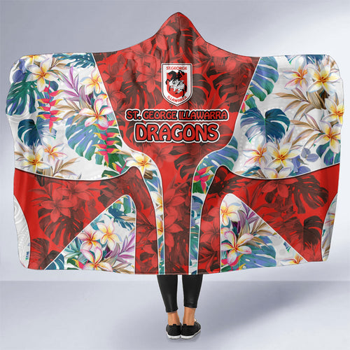 St George Illawarra Dragons Hooded Blanket Tropical Hibiscus Floral Pattern With Red And White Accents